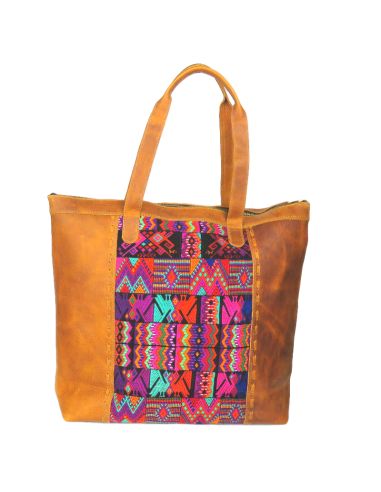 BENITO-Tote-Bag-Ethnique-Boho-Cuir-Marron-Tissu-Unique-Huipil-Haut-de-gamme