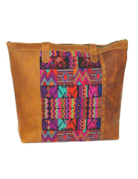 BENITO-Tote-Bag-Ethnique-Boho-Cuir-Marron-Tissu-Unique-Huipil-Haut-de-gamme