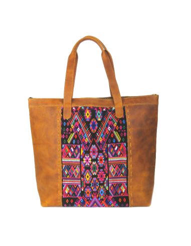 BENITO-Tote-Bag-Ethnique-Boho-Cuir-Marron-Tissu-Unique-Huipil-Haut-de-gamme