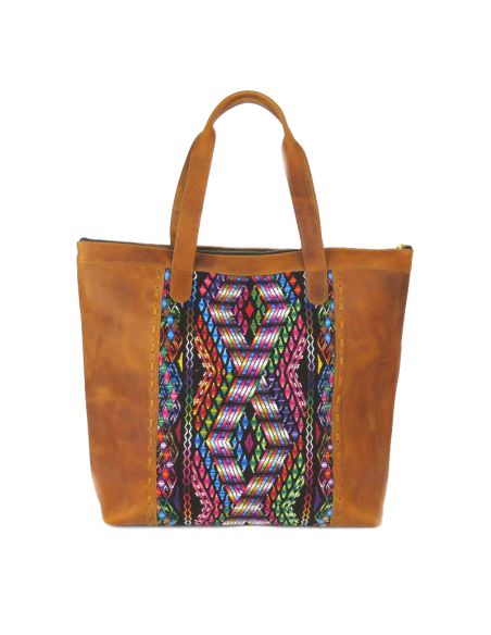 BENITO-Tote-Bag-Ethnique-Boho-Cuir-Marron-Tissu-Unique-Huipil-Haut-de-gamme