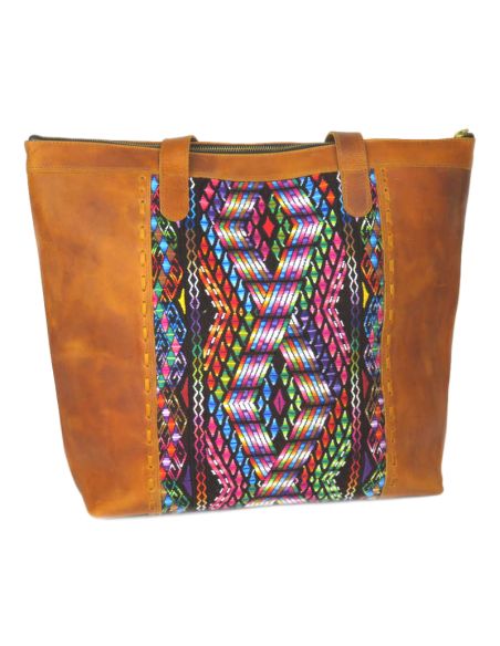 BENITO-Tote-Bag-Ethnique-Boho-Cuir-Marron-Tissu-Unique-Huipil-Haut-de-gamme