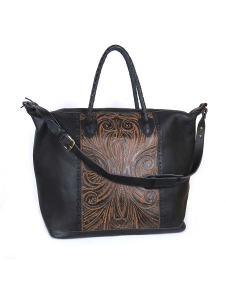 Black COBAN XL Ethnic Tooled Leather Sling Bag 