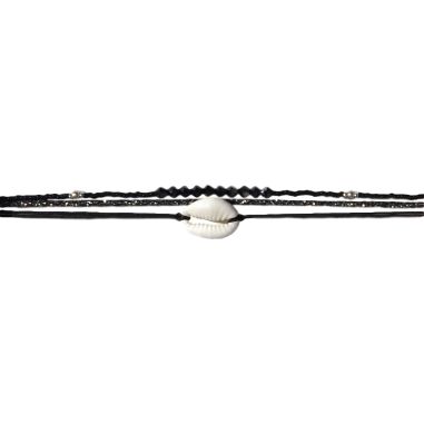 cauri blanc, cordon et toupies noir argenté