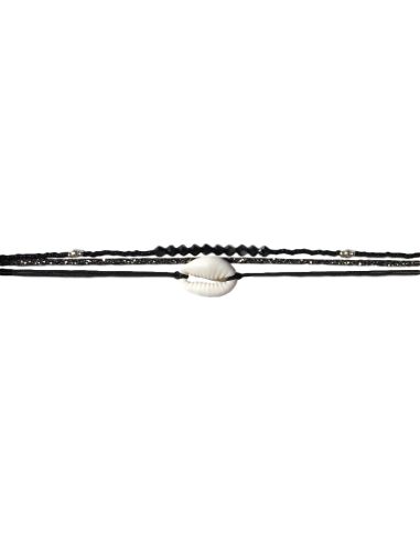 cauri blanc, cordon et toupies noir argenté